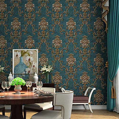 10X0.53M 3D Vintage Luxury Gold Damask 5 Colors Embossed Textured Non-Woven Wallpaper Roll for Bedroom Livingroom 1.73' W x 32.8' L=5.3㎡ (57sq.ft) (Peacock Blue)