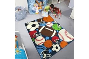 HUAHOO Blue Kids Rug Fun Sport Rugs Nylon Carpet Boys Girls Childrens Rug Balls Print with Soccer Ball, Basketball, Football, Tennis Ball Bedroom Playroom (100x130cm(39''x51''))