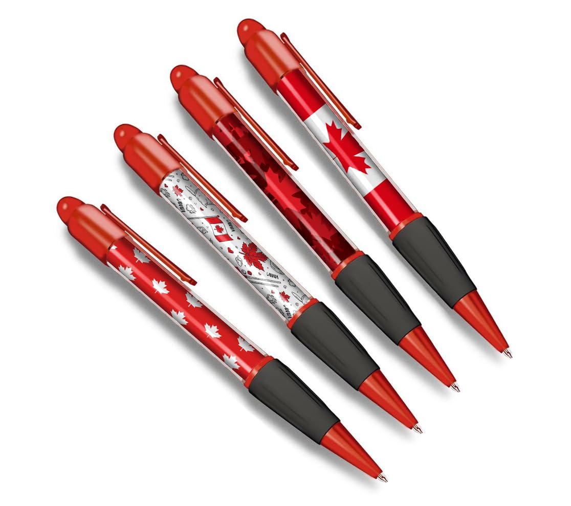 DV DESIGN Set of 4 Canada Red Ballpoint Pens - Canadian Flag Maple Leaf Travel Holiday Stationary Boys Girls Men Women Theme Pen Black Ink #81366