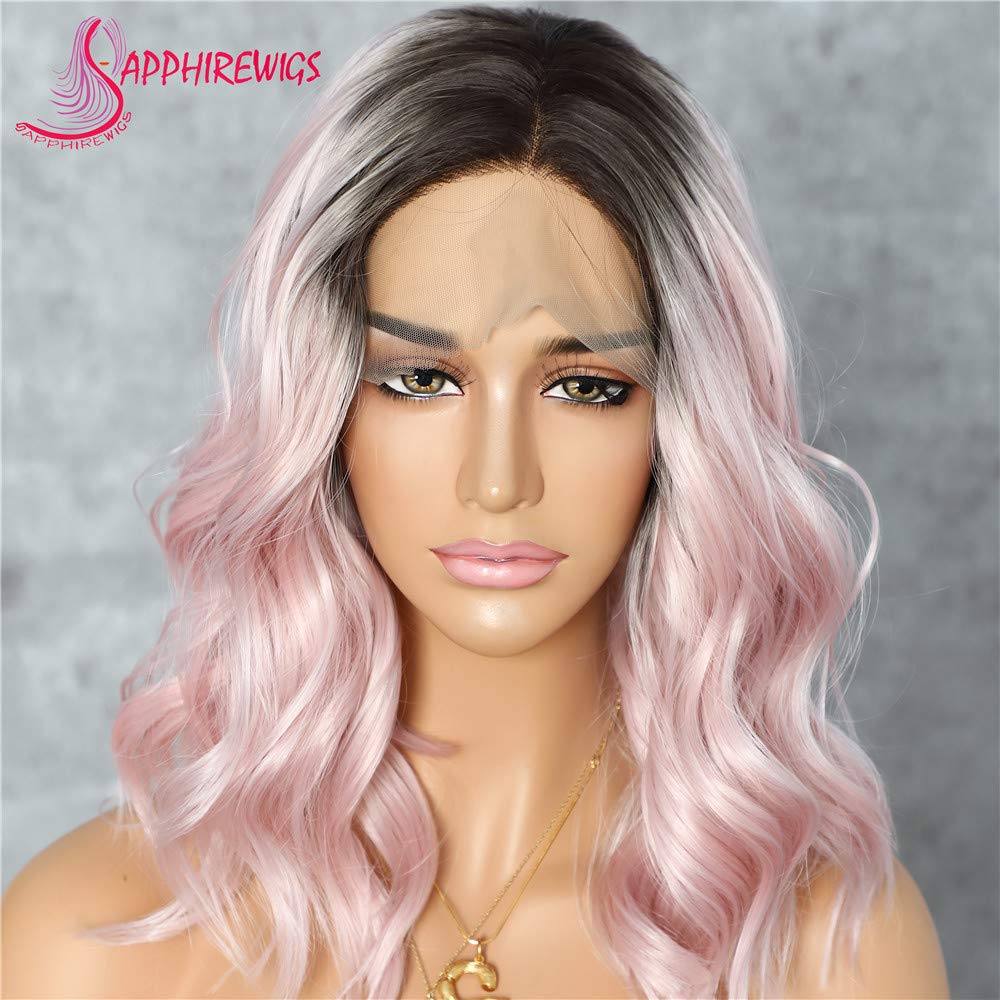 Sapphirewigs Short Dark Brown Ombre Light Pink Water Wave Daily Makeup Synthetic Lace Front Wedding Party Wig