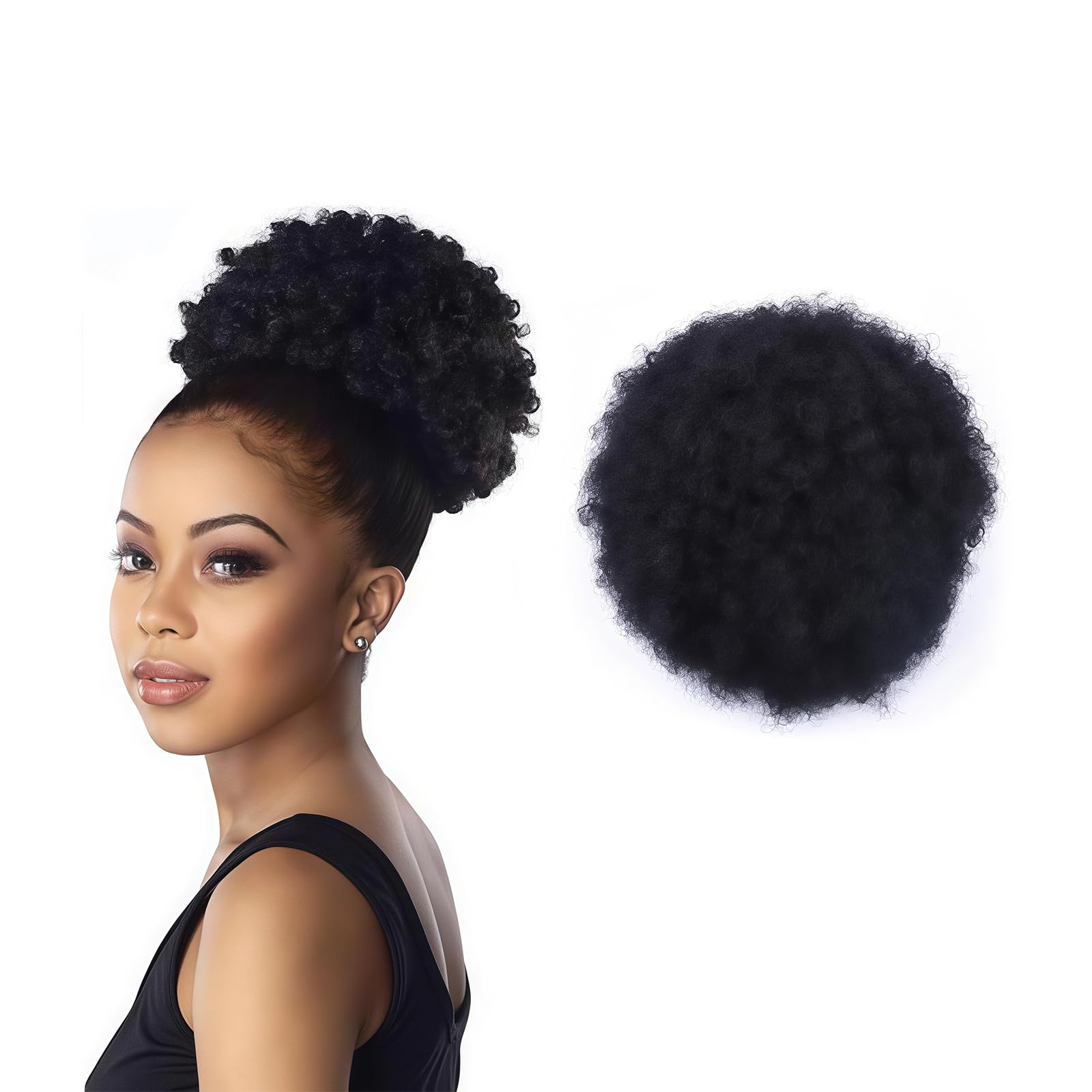 Afro Puff Drawstring Ponytail Synthetic Curly Natural Extension Hairpieces(Black-1)