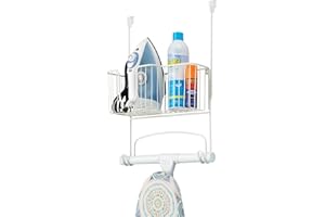 mDesign Steel Metal Over Door Ironing Board Holder with Large Storage Basket for Laundry, Utility, Mudroom, Garage - Holds Iron, Board, Spray Bottles, Starch, Detergent, Fabric Refresher - White
