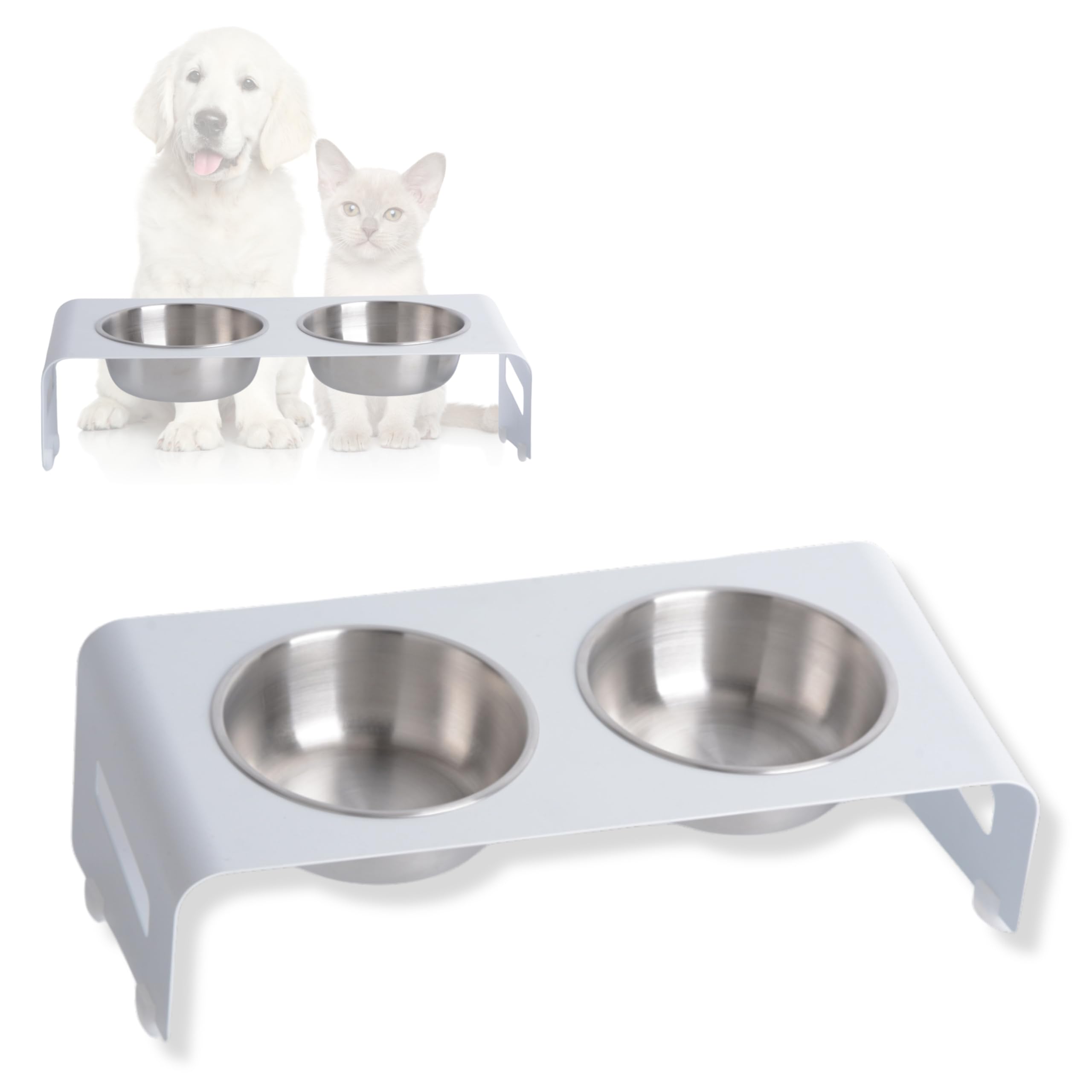 PETLINUS Elevated cat bowls, Ergonomic cat bowls with stand 15º tilted - Dog bowls for small dogs, puppies and cats - Small Dog Water bowl or Cat Water bowl - Stainless Steel and metal (White)