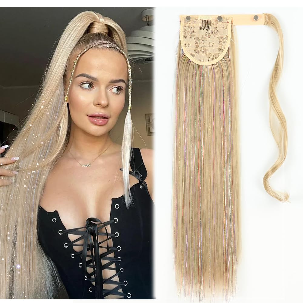 wrap around ponytail extension with Glitter Hair Tinsel DIY Hair Extensions, 22Inch tinsel ponytail hair extensions synthetic Hairpiece for Women Girls (#16 Natutal brown) — image 1