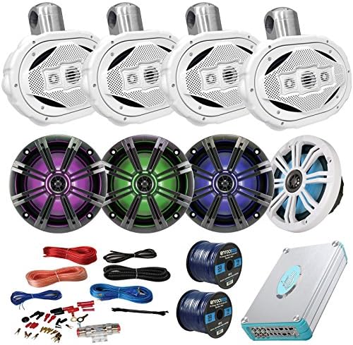 Speaker Package Of 4 Kicker 41KM654LCW 6.5" Boat Coaxial LED Speaker + 4 AQWB69W White 6.5" Marine Wake board Speakers + Lanzar 4800w Bluetooth Amplifier With Install Kit + Enrock 100ft Speaker Wire