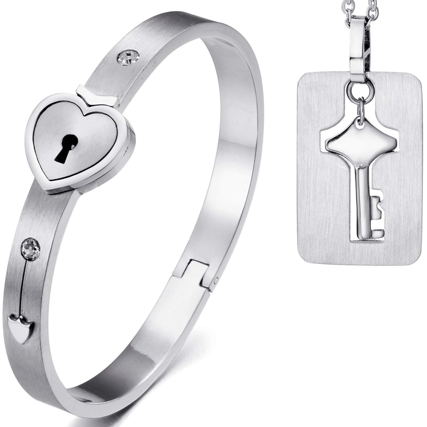 Cupimatch 2pcs New Stainless Steel Silver Love Heart Lock Bangle Bracelet Matching Key Tag Pendant Necklace Couple Set (Silver)