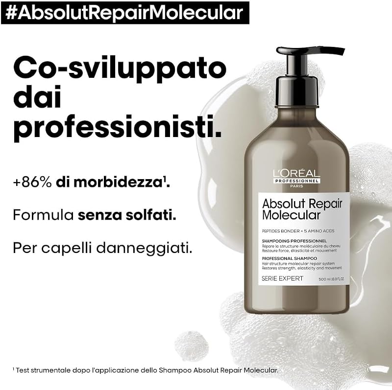 L’Oréal Professionnel Shampoo Ristrutturante, Per Tutti i Tipi di Capelli Danneggiati, Aiuta a Riparare i Danni e Ripristina la Forza, Senza Solfati, Absolut Repair Molecular, SERIE EXPERT, 500 ml