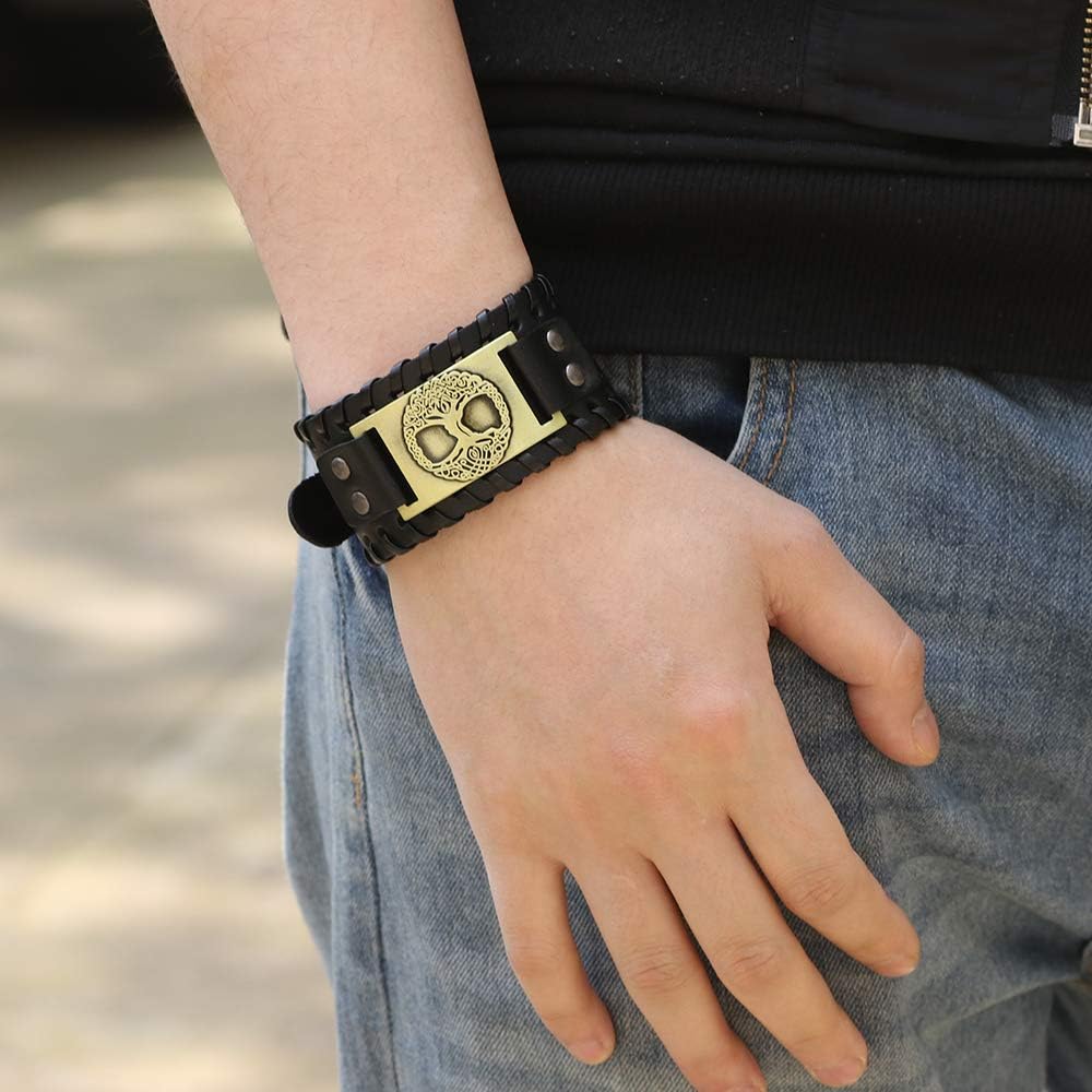Genuine Leather Wide Wristband Tree of Life Fashion Design Bangle Bracelet Cuff for boy and Men, Black - Image 3