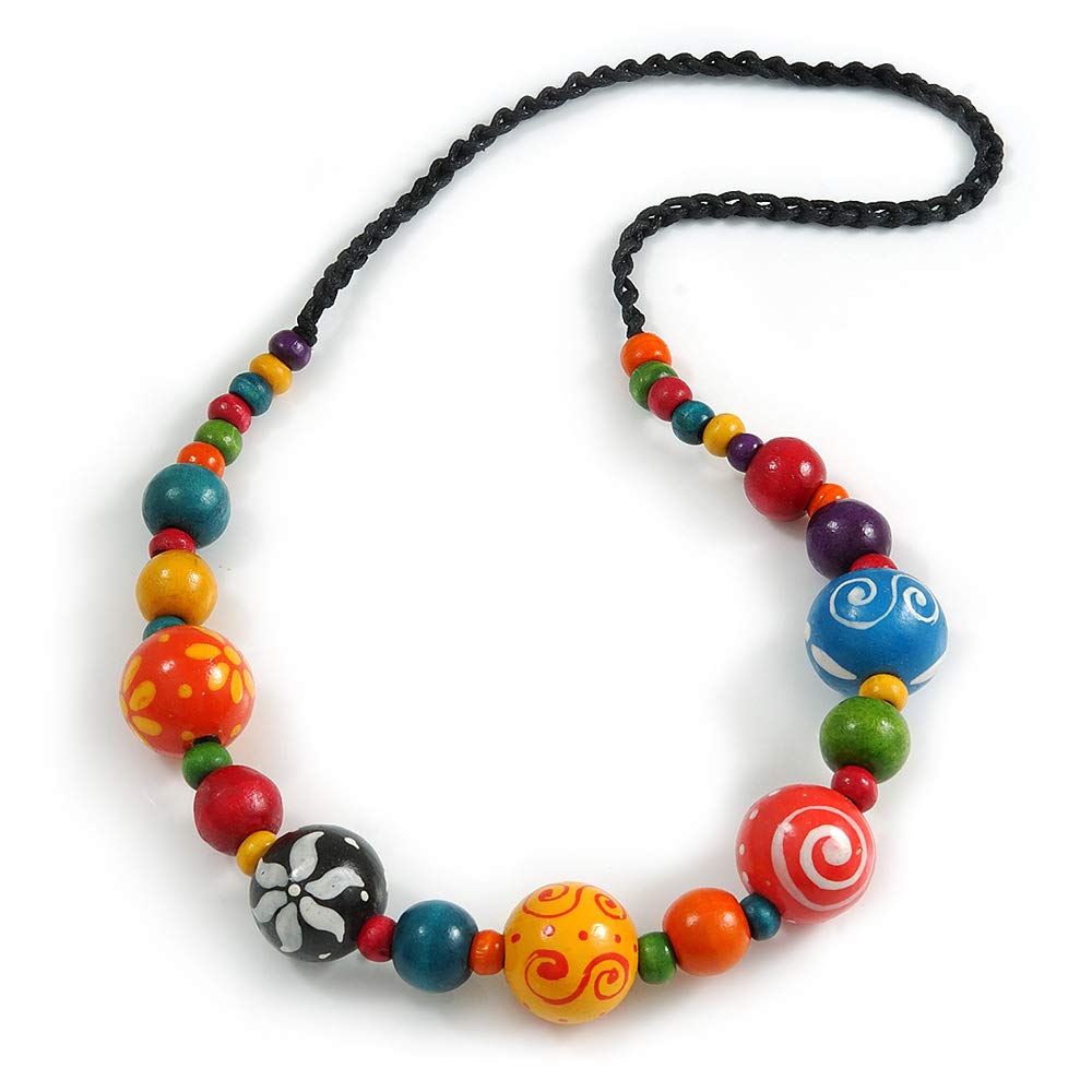 Avalaya Multicoloured Wood Bead Black Cotton Cord Necklace - 66cm Long