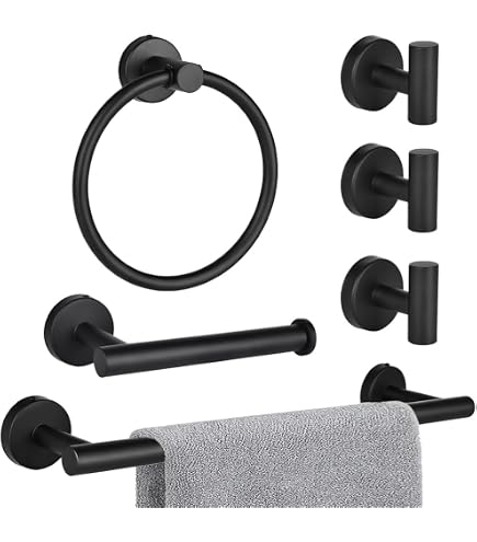 Cranviech 9-Piece Matte Black Bathroom Set - Towel Bar, Ring, Toilet Paper Holder, Hooks