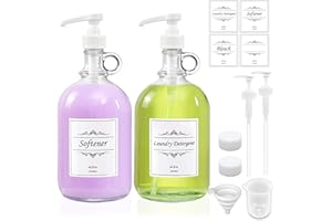 YOENKTSS 2 Pack Laundry Detergent Dispenser with Pump and Lid, 64 Oz Glass Bottles for Laundry Room Organization and Storage, Fabric Softener Dispenser for Washer