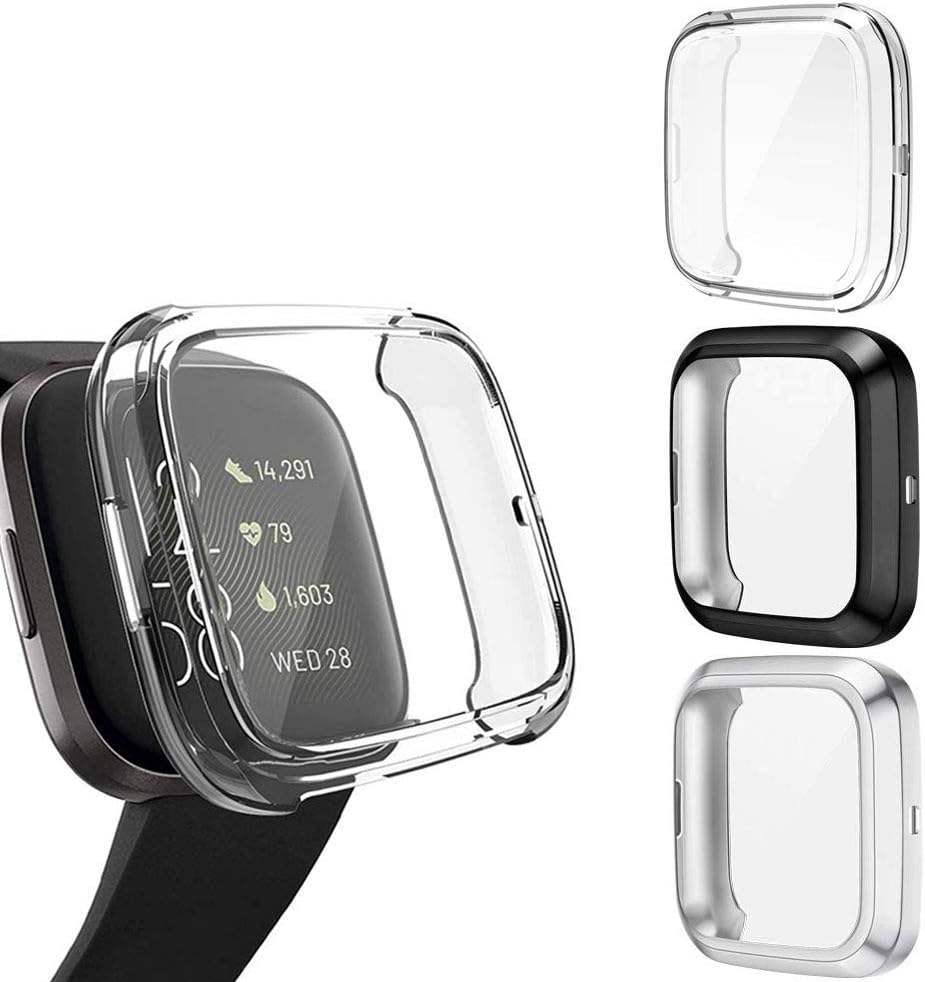 Compatible with Fitbit Versa 2 Case, KIKAL 3 Pack Ultra Slim Soft TPU Screen Protector Cover Bumper Shell Scratch Resistant Shock Absorbing for Versa 2 Smartwatch Accessories(Clear+Black+Silver)