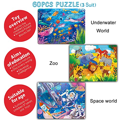 Puzzles en Bois Enfant, Jouet Bébé Éducatif Apprentissage, Jouet en Bois de 60 Pièces avec 3 Thèmes (océan, Espace, Animaux), Cadeau Noël d’Anniversaire pour Garçon Fille de 3 4 5 Ans