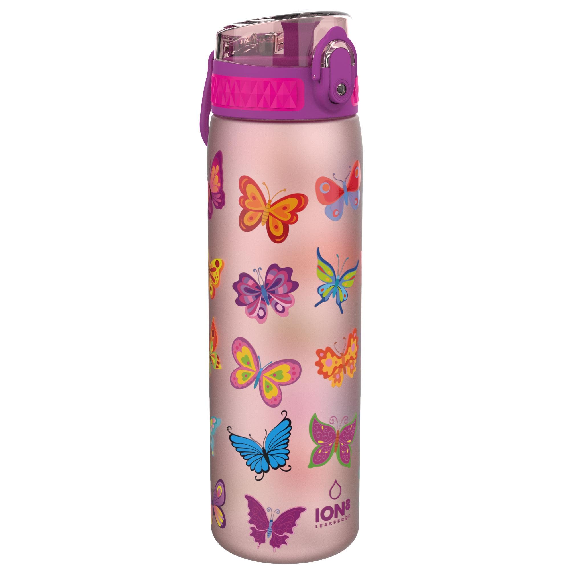 Ion8 Water Bottle, 500ml / 18oz, Leak Proof, One-Finger Open, Dishwasher Safe, BPA Free, Flip Cover, Carry Handle, Spill-free On-The-Go, Easy Clean Carbon Neutral Recyclon, Pink, Butterflies — image 1