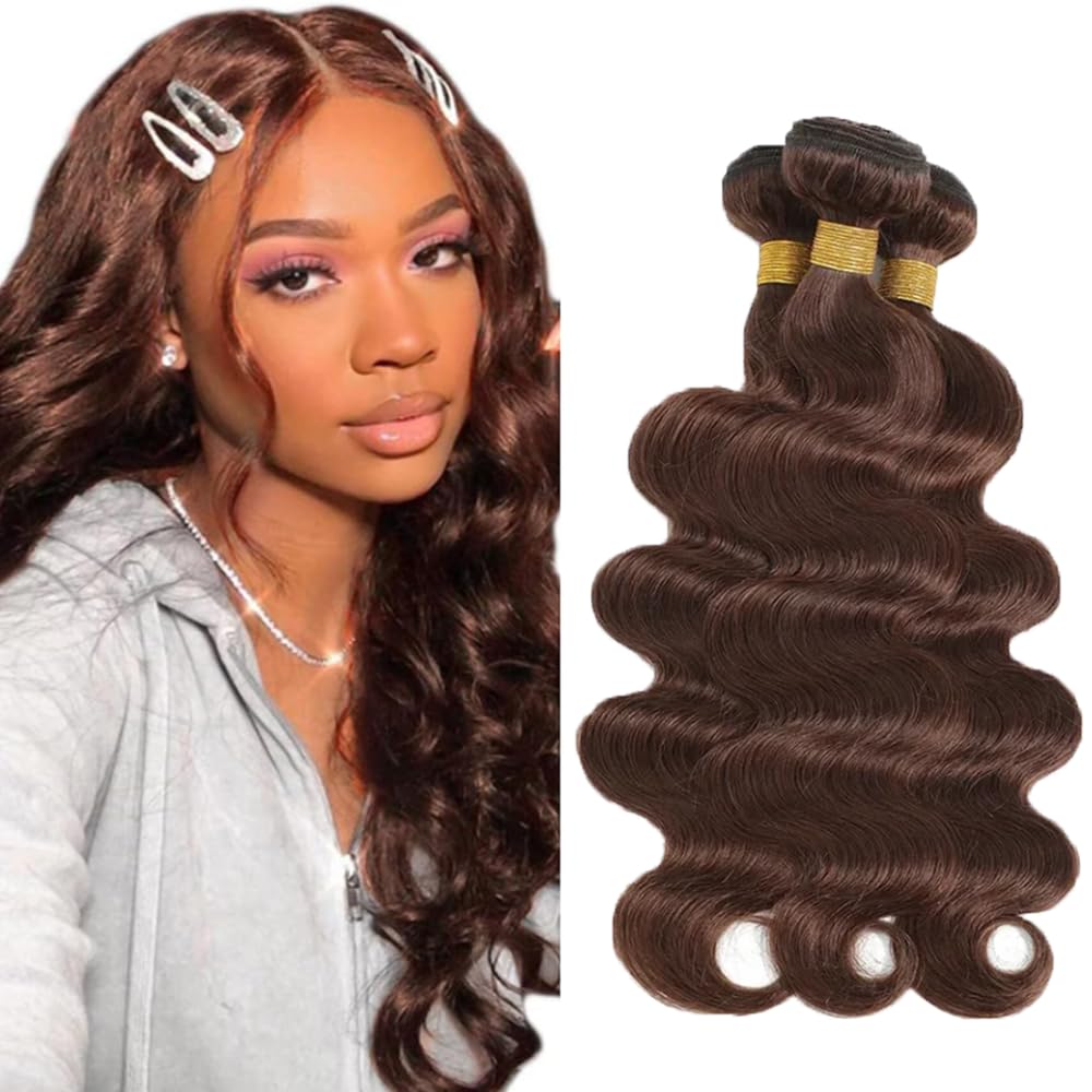 Photo 1 of #4 Brown Human Hair Bundle Chocolate Brown Body Wave Bundles 12 14 16 inch AuokMar 100% Unprocessed Brazilian Virgin Hair 3 Bundles Color #4 150g