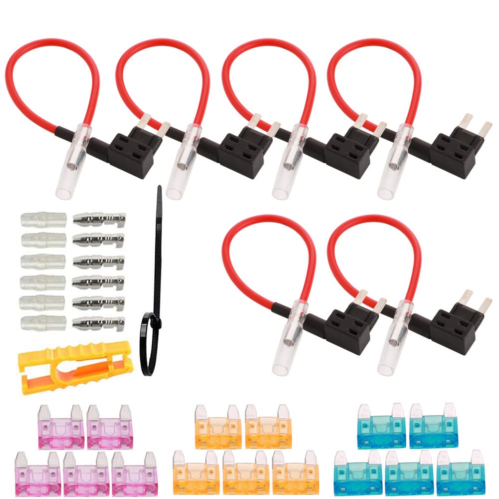GTIWUNG 32V Small Fuse Holder, Car Add-A-Circuit Tap With Wire Harness, Piggy Back Blade Connector, ACS Small Tap With 3A/5A/15A Fuse and Puller (Pack of 6)