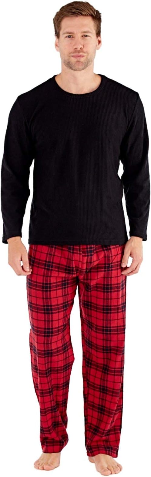 SaneShoppeMen's Pyjamas Set 1 or 2 Pack Super Soft Thermal Fleece Winter Top Plaid Checked Cotton Bottom Loungewear with Pockets Trousers, Drawstrings, and Check Bottom Lounge Sleepwear Pjs