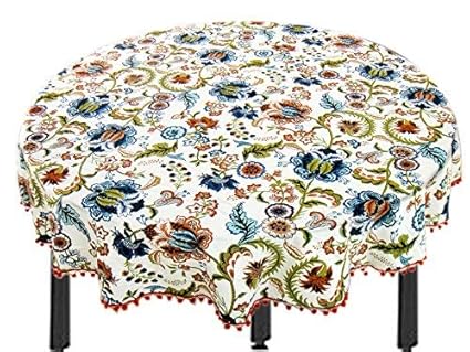 Miyanbazaz Textiles100% Cotton Multi Flower Fringe Round Table Cover / Tablecloth / (65 Inch)