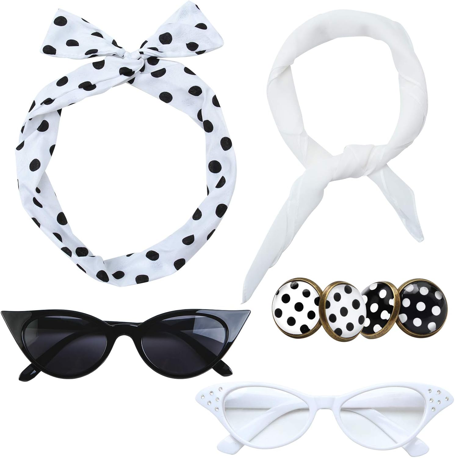 Aneco 6 Pack 50s Set Chiffon Scarf Cat Eye Glasses Bandana Tie Headband Earrings White: Clothing