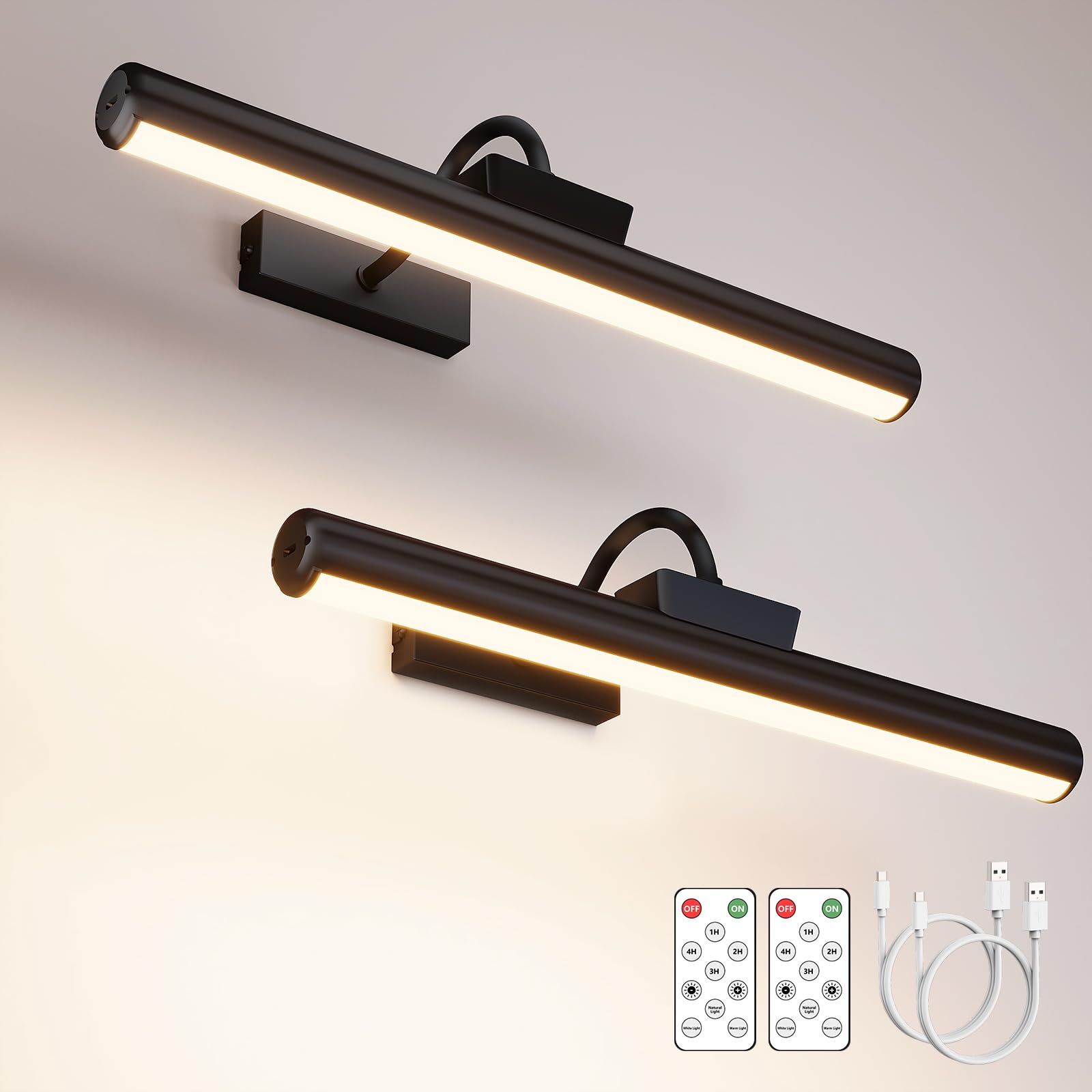 Photo 1 of 16in Wireless Picture Light with Remote, Battery Operated Picture Lights for Wall 5000mAh, 3 Color Modes and Dimmable LED Art Lighting with Timer for Painting, Frame, Gallery, Bedroom (Black-2Pack)