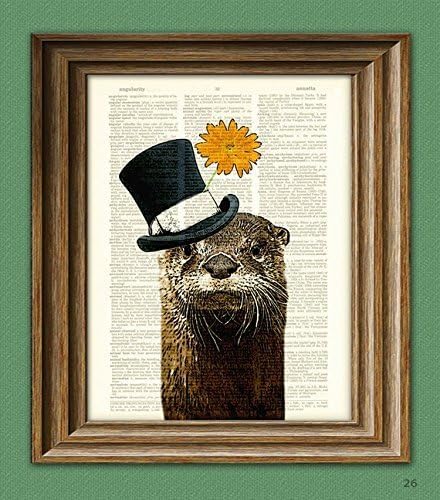 The River Gentleman Otter With a Top Hat and Flower Illustration Beautifully Upcycled Dictionary Page Book Art Print
