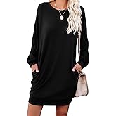 PrinStory Women's Casual Sweater Dresses Fall Winter Crewneck Loose Fit Pullover Tunic Dress with Side Pockets for Work S-4XL