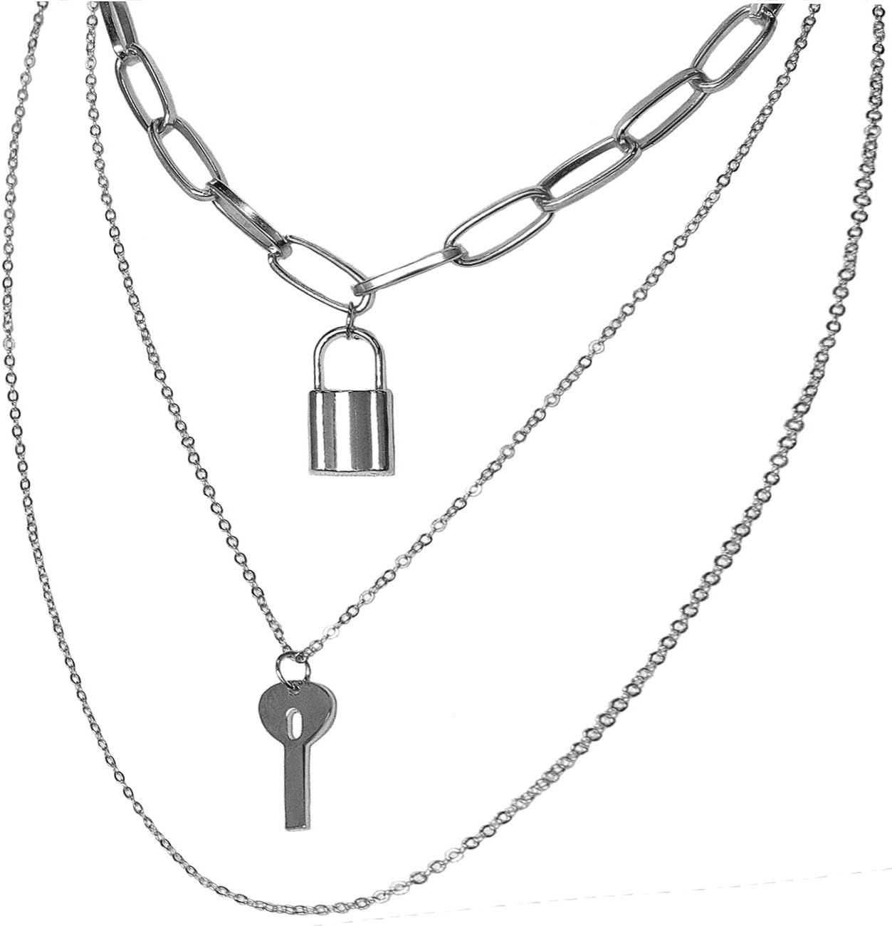 Lock and Key Necklace for Men EBoy Women EGirl Aesthetic Necklaces Multilayer Punk Choker Chain
