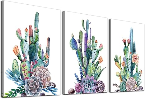 Amazon Com Canvas Art Simple Life Green Cactus Desert Plant Painting Wall Art Decor 12 X 16 3 Pieces Framed Canvas Prints Watercolor Ready To Hang For Home Decoration Living Room Bedroom Bathroom