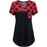 MOQIVGI Womens Short Sleeve Vneck Hi Low Hem Patchwork Tops with Pocket