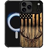 DJSOK Case for iPhone 17 Pro Max,Compatible with MagSafe,Anti-Scratch Shockproof Case,Wood Grain American Flag Buck Hunter Deer