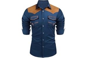 Men's Western Cowboy Shirt Embroidered Long Sleeve Slim Fit Casual Cotton Button Down Hippie Shirts with Pocket