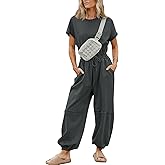 Flygo One Piece Jumpsuits for Women Crewneck Short Sleeve Casual Wide Leg Long Pants Drawstring Rompers Outfits with Pockets