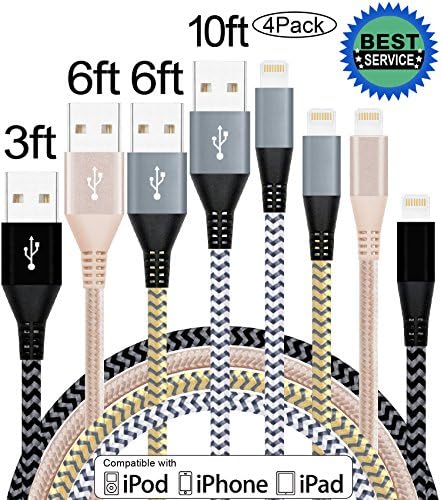 Anbso 4 Pack 3ft 6ft 6ft 10ft Nylon Braided iphone Cable Charging for iphone7/7plus/6/6s/6plus/SE/5/5S/5C,iPad Air/Mini/Pro,iPod Nano/Touch IOS 10 and more.(Black &amp; Gray, Gold, Gray &amp; Gold, Gray)