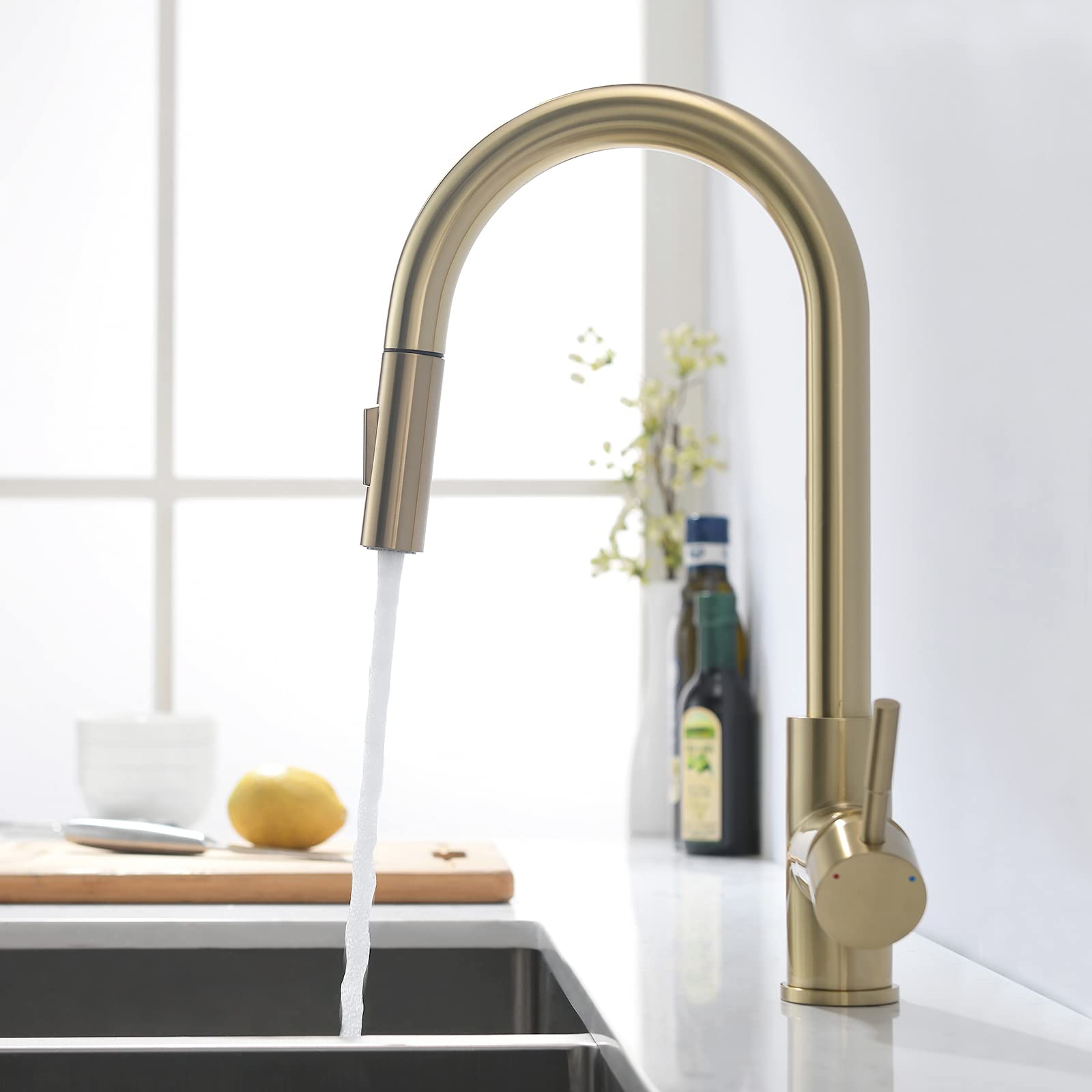 TIMACO Brushed Gold Kitchen Tap with Extendible Shower Tap Kitchen 360° Swivel Mixer Tap for Kitchen Sink Sink Tap — image 1