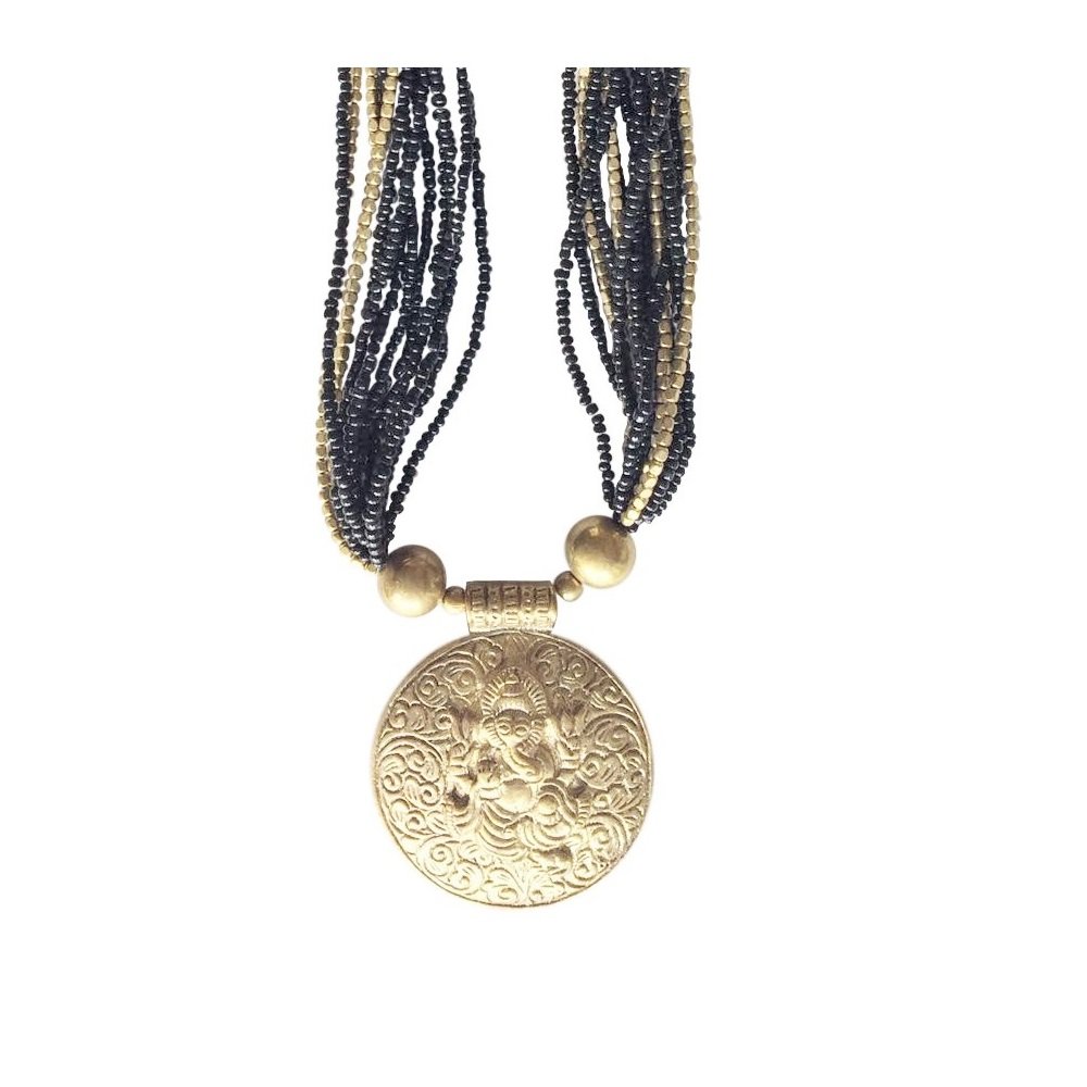 'Shanti by MIRA' Ganesha Gold Plated Statement Necklace Chunky Brass Gold Beads Ethnic Tribal Necklace Wedding Evening Party Wear - Sent in Gift Box