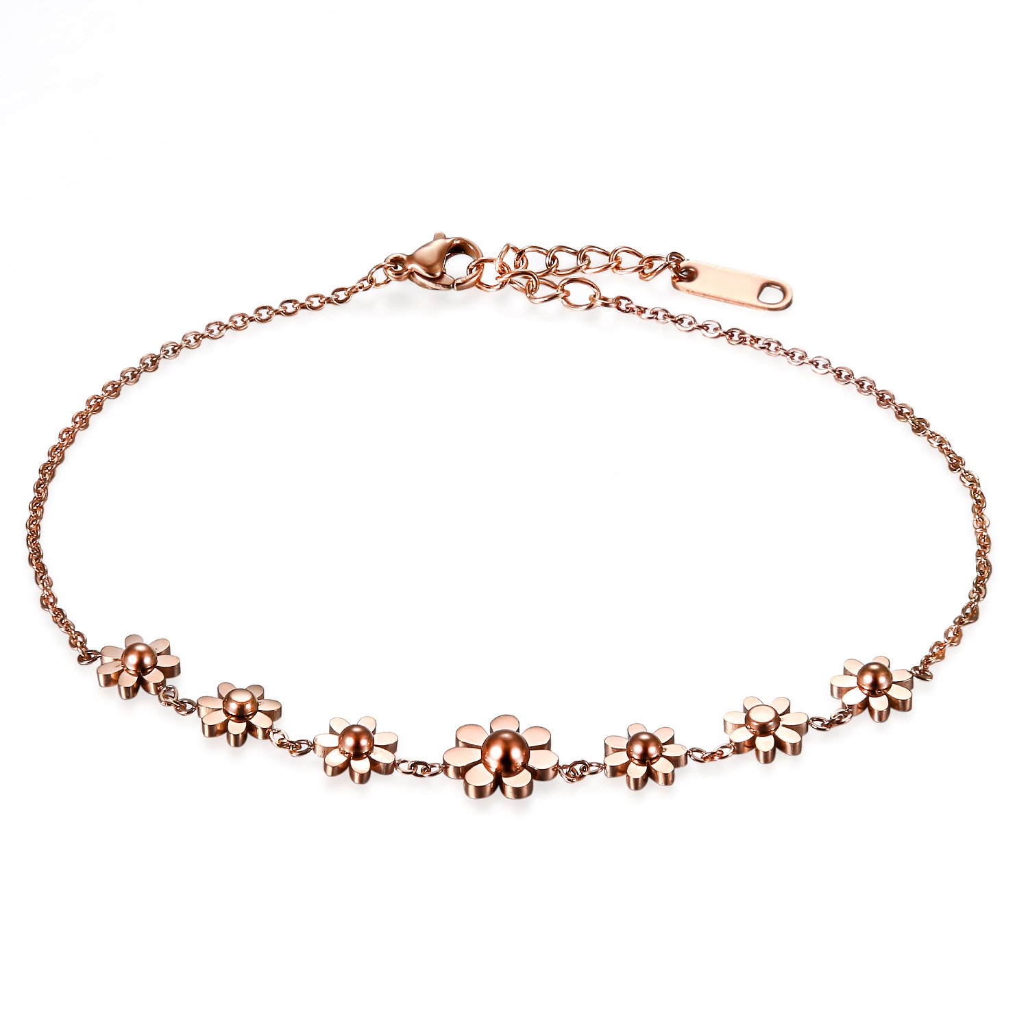 Cupimatch Woman Daisy Flowers Link Bracelet, Stainless Steel Anklet Adjustable Chain 8.7 inch