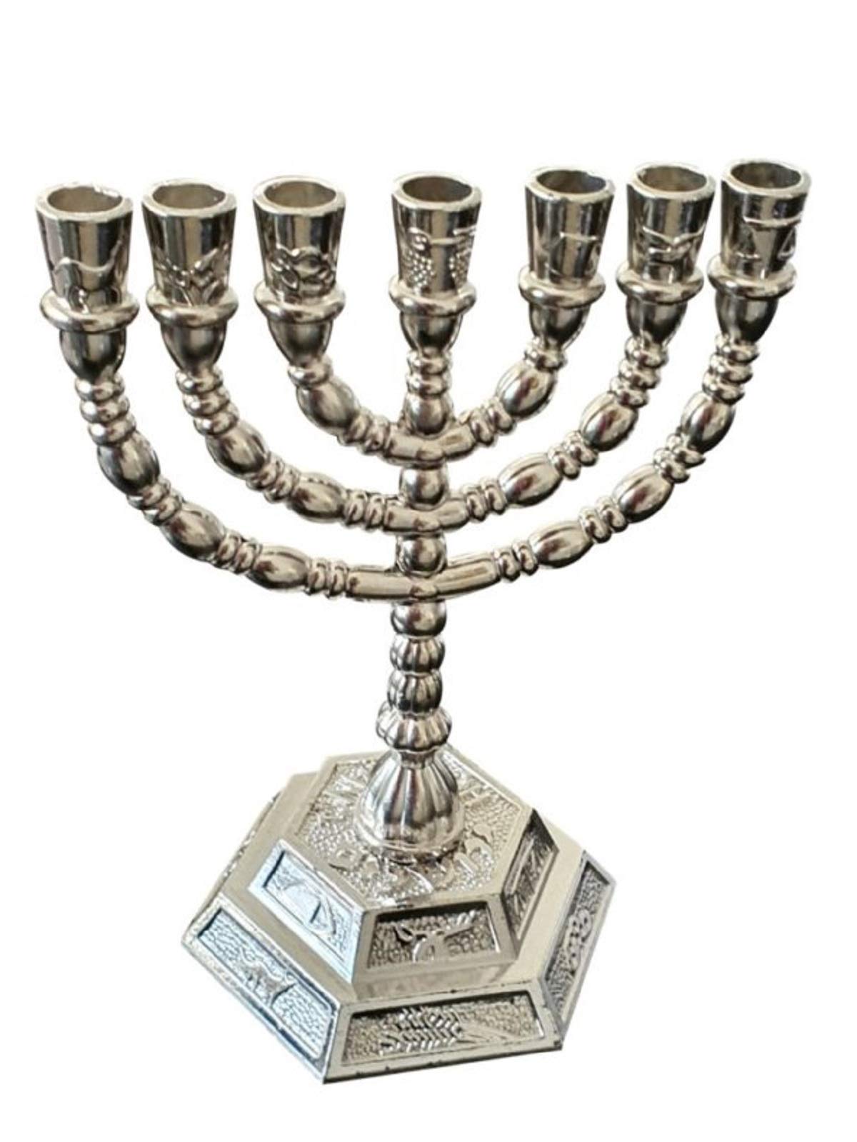 Bethlehem Gifts TM Menorah with 7 branches, hexagonal base, 12 tribes of Israel, 12.7 cm, silver