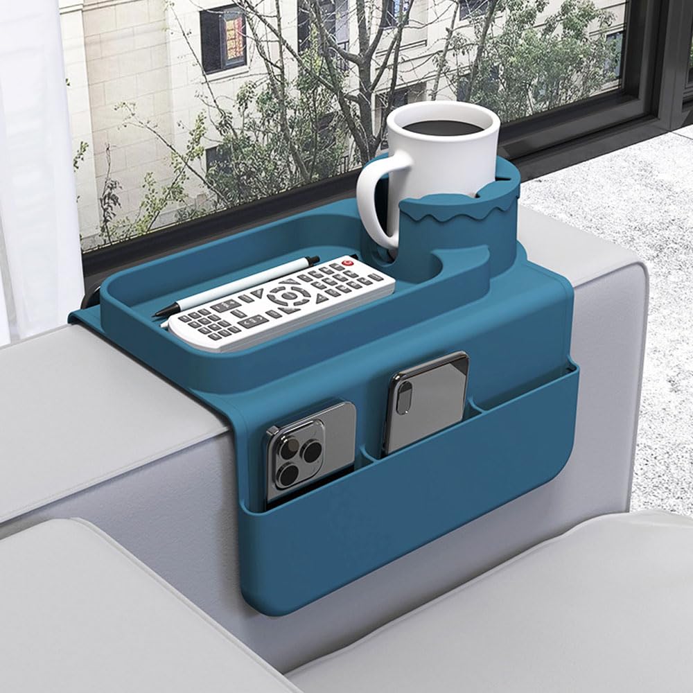 Hosoncovy Silicone Sofa Couch Cup Holder Tray Drink Holder with Side Pockets for Sofa Arm Couch Caddy Anti-Spill for Chair Recliner,Armrest Remote Control and Cellphone Organizer Holder (Blue)