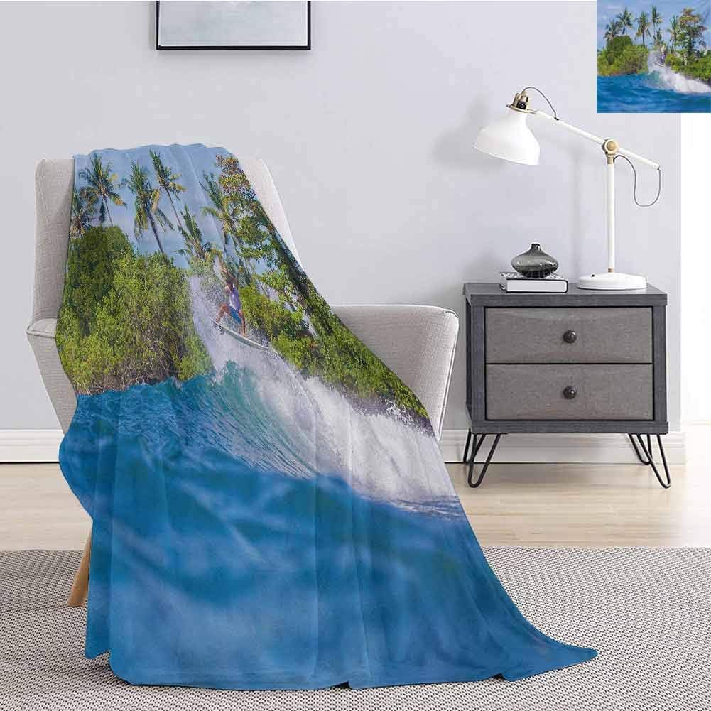 Luoiaax Ride The Wave Comfortable Large Blanket Surfer in Ocean by Bali Island Palm Trees Dreamy Nature Scenery Microfiber Blanket Bed Sofa or Travel W80 x L60 Inch Fern Green Violet Blue