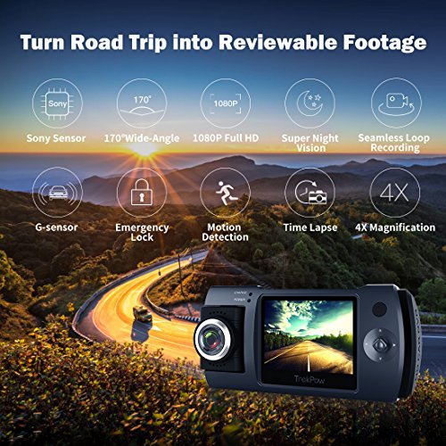 Dash Cam, Trekpow by ABOX HD 1080P Car DVR Dashboard Camera with 180Â°Rotation for Front and Cabin, 2" LCD, 170Â°Wide Len, Night Vision, G-Sensor Lock, Loop Recording, Motion Detection, Parking Mode