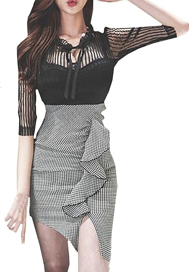 Amazon ココアンドユカ シースルー セクシー タイト ワンピース キャバ 嬢 ドレス ボディコン 半袖 五分袖 ミニ ワンピ レディース パーティ フリル スカート ワンピース チュニック 通販