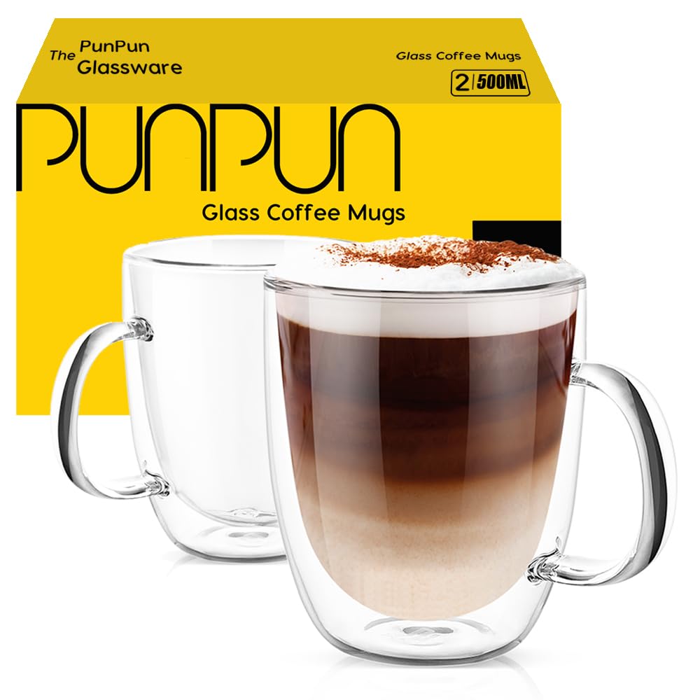 PunPun Large Clear Coffee Mugs Set of 2, Jumbo Mugs Double Wall Insulated Glass Mugs, Lead Free Unique Glass Coffee Mugs Each 500ml (17 oz)