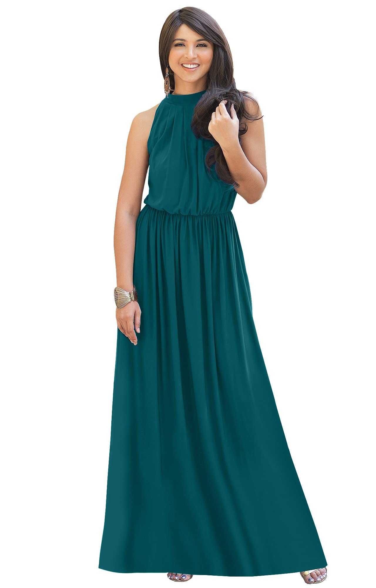 Photo 1 of KOH KOH Petite Womens Long Sleeveless Bridesmaid Halter Neck Wedding Party Guest Flowy Slimming Semi Formal Elegant Gala Ball Evening A-line Tall Gown Maxi Dress, Blue Green Jade S 4-6
