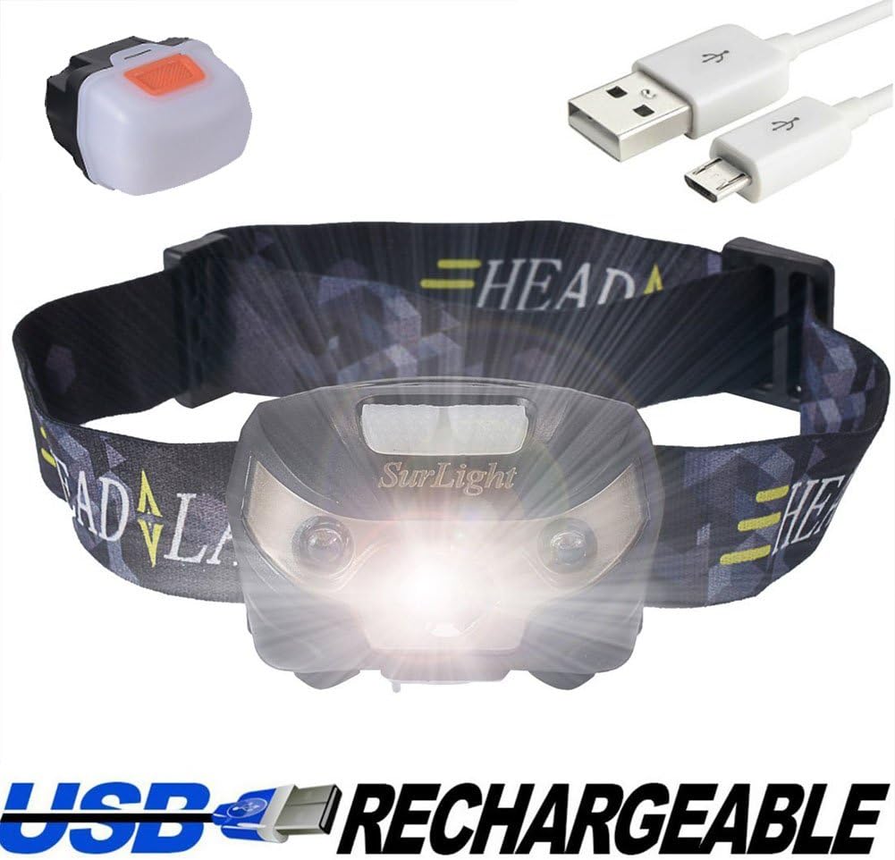 USB Rechargeable Running Head torch - SurLight SURLHL01 Super Bright Waterproof LED Headlights with 5W Cree LED, White & Red Lights for Camping Hiking Fishing Hunting Climbing Walking and Any Outdoor Activities