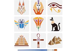 FINGERINSPIRE 9 Styles Egyptian Pattern Stencils with a Brush 5.9x5.9Inch Eye of Horus Painting Stencils Pyramid Template Ancient Egyptian Lotus Black Cat Template for Wood Wall Floor