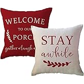ULOVE LOVE YOURSELF Porch Decor Throw Pillow Covers 18x18,2Pack Country Farmhouse Pillowcases Welcome to Our Porch Stay Awhile Front Porch Bench Decor Cushion Covers(Red)