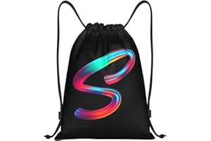 Pazacon Drawstring Bags Initial Drawstring Backpack Sackpack Black Draw String Cinch Bags for Sports, Gym, Travel, Swimming, Beach, Camping, Rainbow Letter S