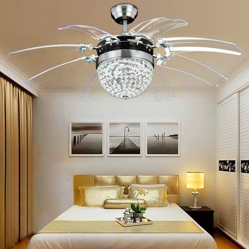 FUSKANG Crystal Ceiling Fan Remote Control Modern Fly Invisible 8 Leaf Fan Light Decorative Living Room Restaurant Chandelier 42 Inch Silver (210V-240V)