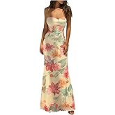 GORGLITTER Women's Floral Backless Maxi Dress Lace Up Sleeveless Summer Trendy Bodycon Long Dresses