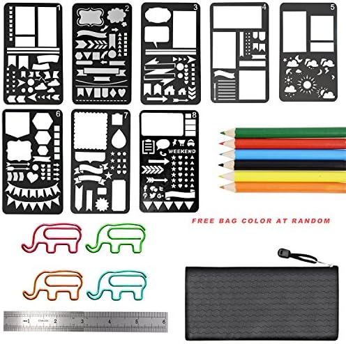 8 pcs Journal Stencil Plastic Planner Stencils Journal/Notebook/Diary/Scrapbook DIY Drawing Template Stencil with 1 ruler,6pcs mini pen set ,8 pcs elephant paper clips and bag